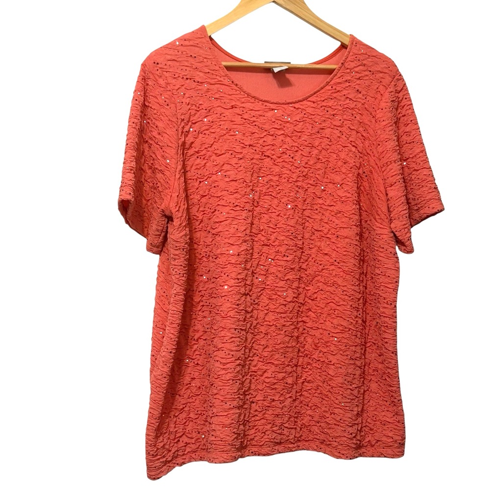 Catherines Womens Textured Sequin Top Orange Crinkle‎ Knit Glam Shimmer Mature